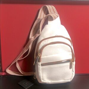 Marikalife Sling Bag, Chic White Crossbody Bag with Tan Accents, Faux Leather